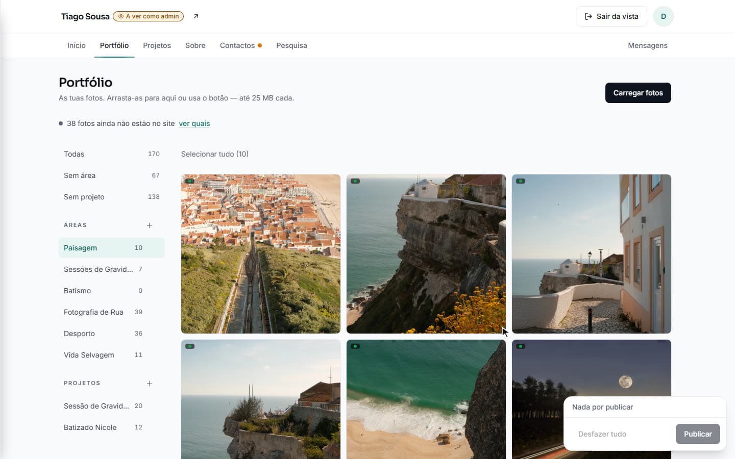 O painel de Tiago Sousa, no ecrã do portefólio: dez fotografias de paisagem da Nazaré, e o botão de publicar em baixo à direita.